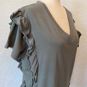 FANTASTIC FAWN Ruffle V Neck Shirt Top Sm Army green Cotton Stretch Made USA NEW